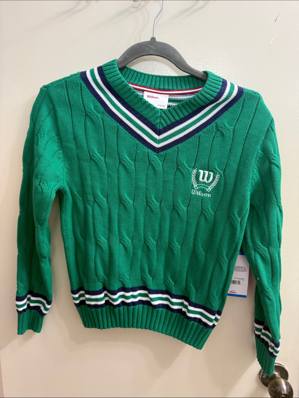 Wilson Green V-Neck Cable Knit Sweater with Navy & White Trim tennis